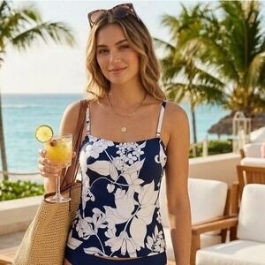 Lands End Tankini Top Swim Women Medium Navy White Floral Coastal Beach NWOT